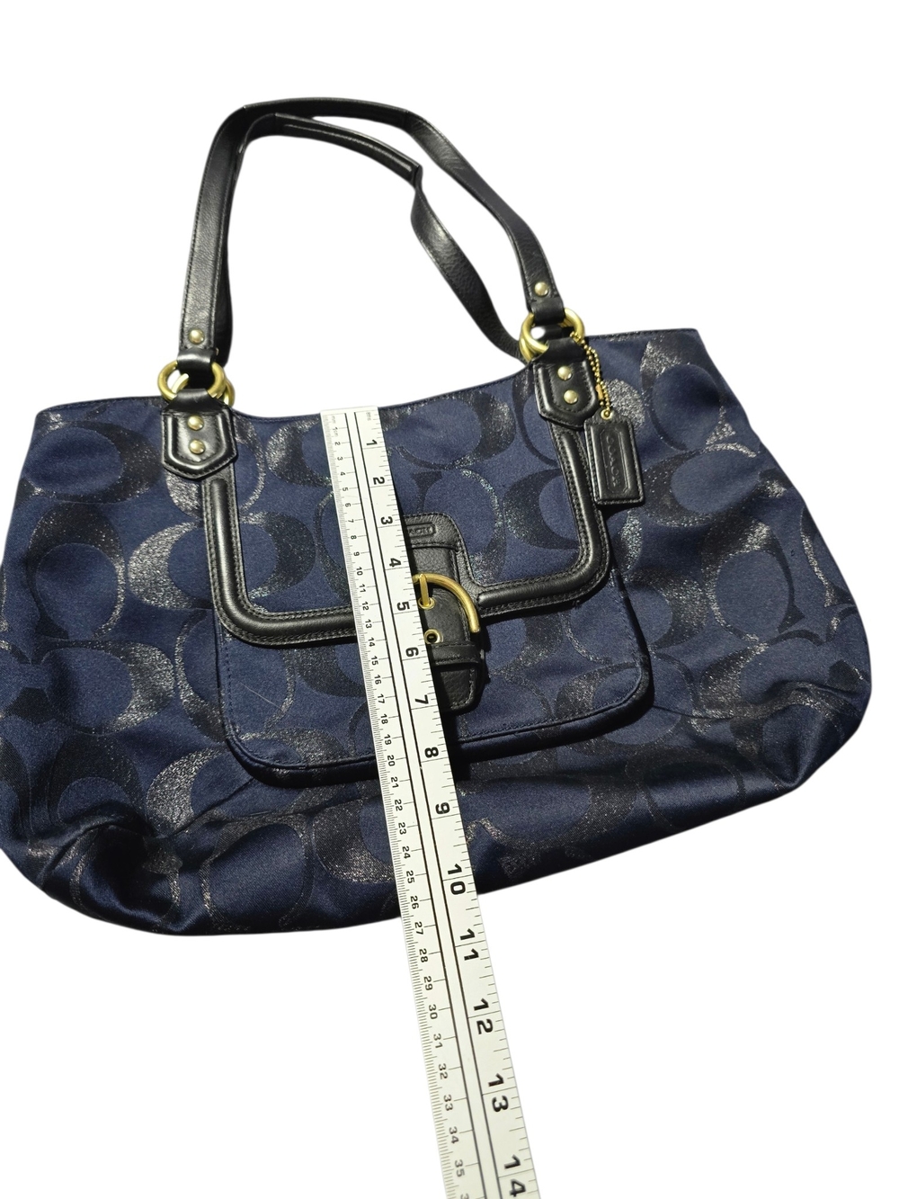 Coach Navy Metallic Canvas Signature Jacquard Tote with Black Leather Trim - Picture 6 of 7